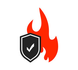 Fire resistant icon. Fireproof icon. Fire protection icon with shield. Fire resistant material sign. Vector illustration.