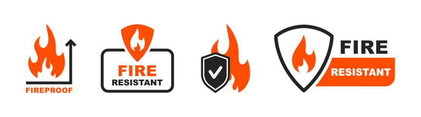 Fire resistant icon set. Fireproof icon. Fire protection icon with shield. Fire resistant material sign. Vector illustration.
