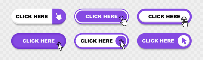 Click Here Button with pointer clicking. Web button set. Click button. Clicking the icon. Action button click here with click cursor. Vector illustration.