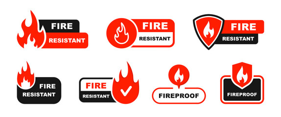 Fire resistant icon set. Fireproof icon. Fire protection icon with shield. Fire resistant material sign. Vector illustration.