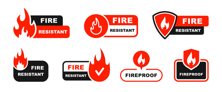Fire resistant icon set. Fireproof icon. Fire protection icon with shield. Fire resistant material sign. Vector illustration.