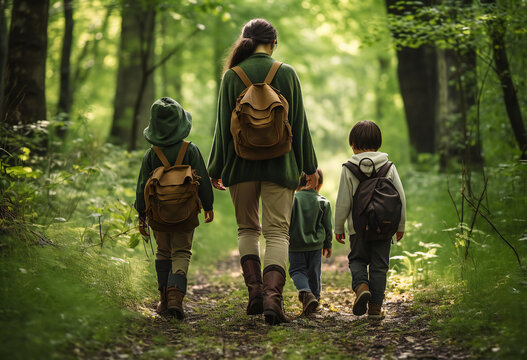 Mother and Children walking in Forest, hiking, adventure