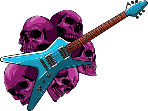 Vector illustration of guitar with skulls on white background