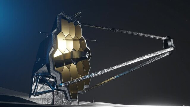 3D animation showing the James Webb telescope's large golden mirror segments.