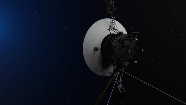 3D animation showing the Voyager space probe in deep space.