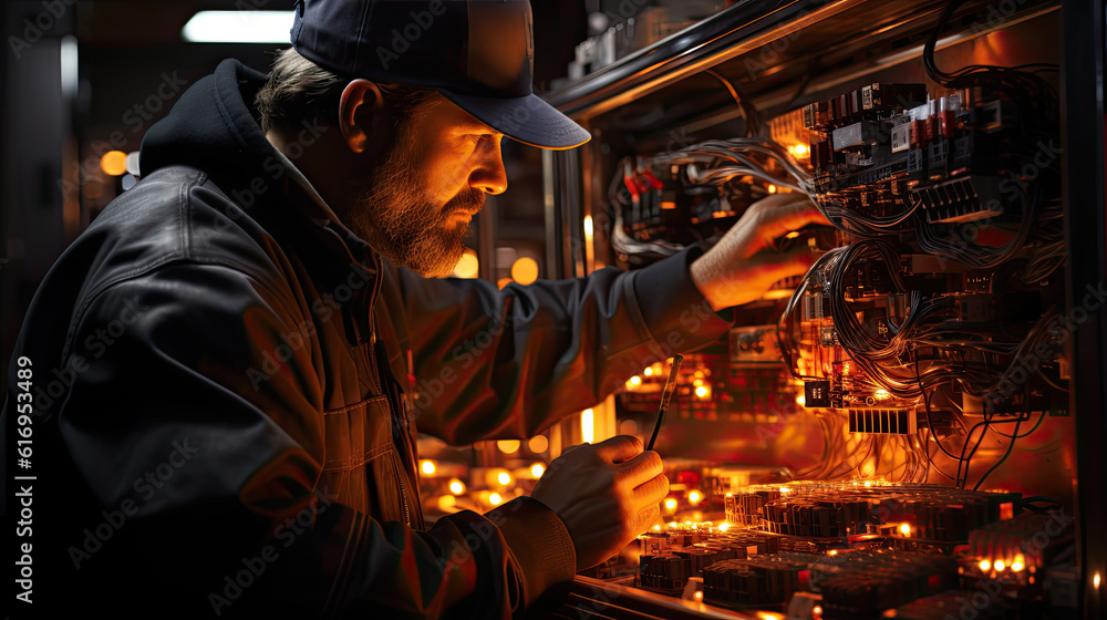 Wall mural Electrical engineer work checking at Electrical Distribution Control Room