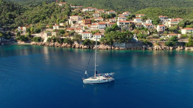 Sailing boat in a picturesque Kioni village, Ithaca island, Kefalonia, Greece