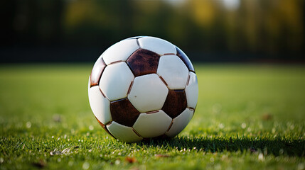 Fototapeta premium Traditional soccer ball on soccer field