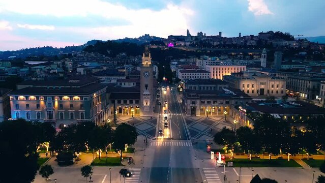 Bergamo city center at dusk drone shot