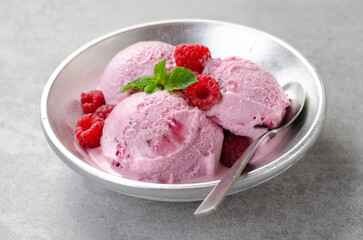 Delicious Raspberry Ice Cream in a Bowl, Summer Dessert