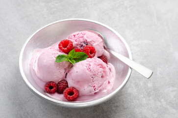 Delicious Raspberry Ice Cream in a Bowl, Summer Dessert
