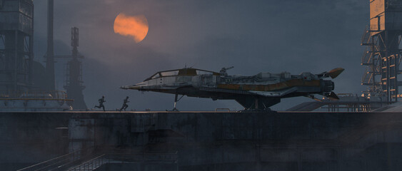Futuristic spaceship parked in a sci-fi airdock and pilots running to take place for the take-off no real models were used, concept art with noise and chromatic aberration to add realism, 3D rendering