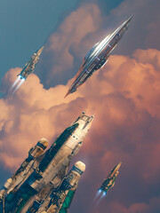 ufo chased by three futuristic fighters through orange clouds in the sunset, noise and chromatic aberration to add realism, concept art 3D rendering 