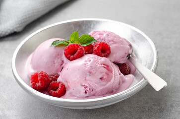 Delicious Raspberry Ice Cream in a Bowl, Summer Dessert