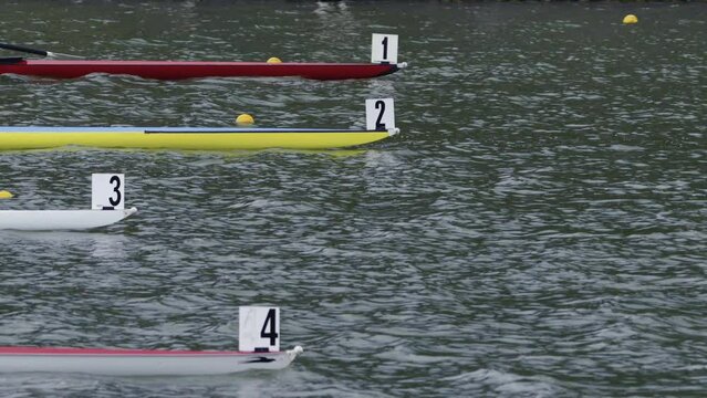 Multi-coloured single sculls bows line up at the start line