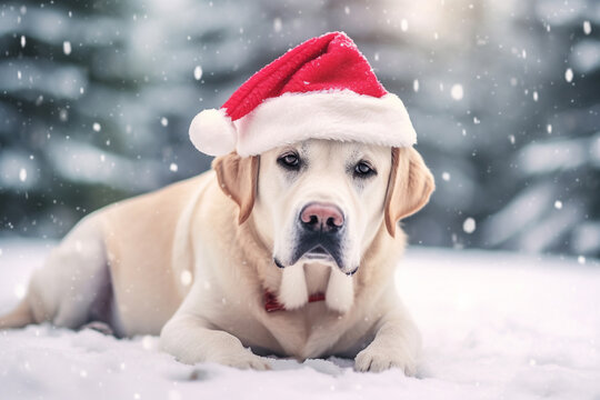 Cheerful  Labrador in santa hat  against winter snow background outdoor. Merry Christmas and Happy New Year. Generative AI