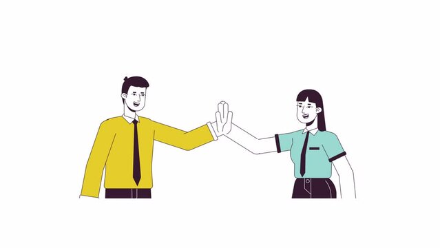 Corporate team building animation. Animated cartoon office people give high five. Isolated colour flat line 2D characters 4K video footage, white background, alpha channel transparency for web design