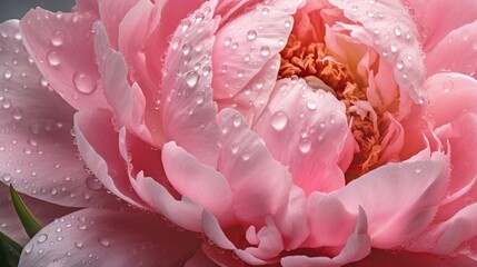 Pink Peony flowers with water drops background. Closeup of blossom with glistening droplets. Generative AI