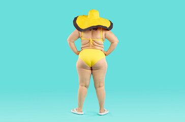 Back view fat woman in bikini and sunhat. Funny overweight plus size lady wearing yellow swimsuit...