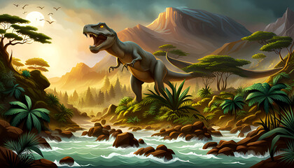 Tyrannosaurus rex dinosaur roaring in the nature - Generative AI - 616955213