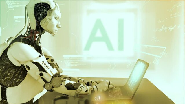 High quality 3D CGI profile shot of an Artificial Intelligence humaniod robot at a laptop computer in a virtual AI environment with data and equations floating around him - warm gold color scheme