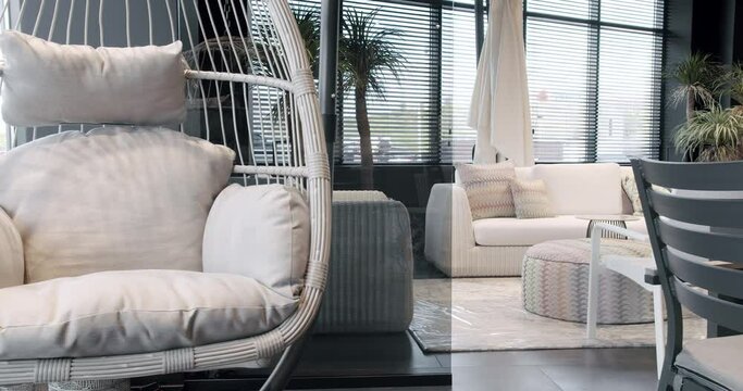 Summer white Terrace furniture with minimalist chair and table. Furniture for garden, Modern Luxury Villa. Minimalist apartment. Outdoor table and chairs for garden park.Modern Chairs for luxury villa
