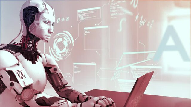 High quality CGI pullback shot of an Artificial Intelligence humaniod robot at a laptop computer in a virtual AI environment with data and equations floating around him - hot red color scheme
