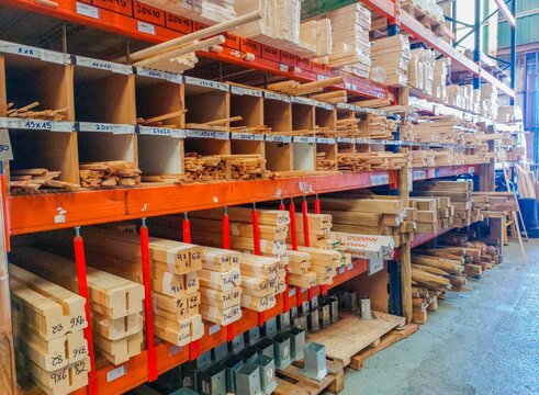 Shelves in lumber warehouse