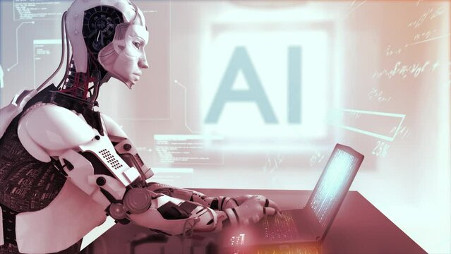 High quality 3D CGI profile shot of an Artificial Intelligence humaniod robot at a laptop computer in a virtual AI environment with data and equations floating around him - hot red color scheme