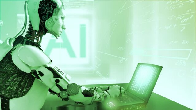 High quality 3D CGI render of an Artificial Intelligence humaniod robot at a laptop computer in a virtual AI environment with data and equations floating around him - cool green color scheme