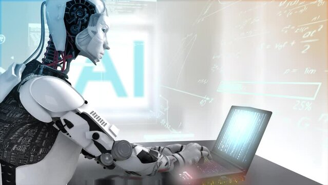 High quality 3D CGI render of an Artificial Intelligence humaniod robot at a laptop computer in a virtual AI environment with data and equations floating around him - orange and teal color scheme