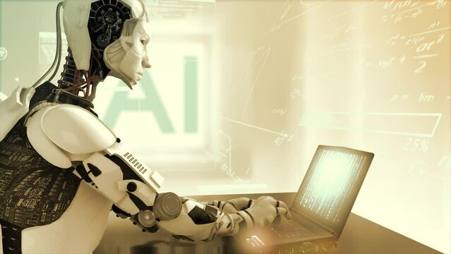 High quality 3D CGI render of an Artificial Intelligence humaniod robot at a laptop computer in a virtual AI environment with data and equations floating around him - warm gold color scheme
