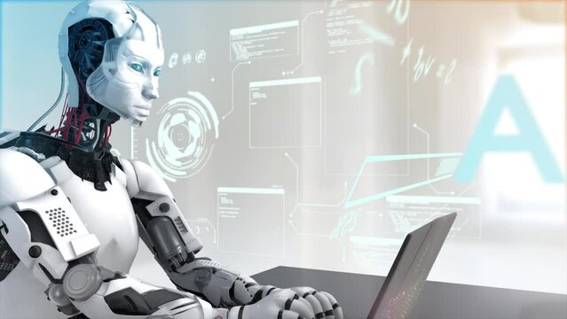 High quality CGI pullback shot of an Artificial Intelligence humaniod robot at a laptop computer in a virtual AI environment with data and equations floating around him - orange and teal color scheme