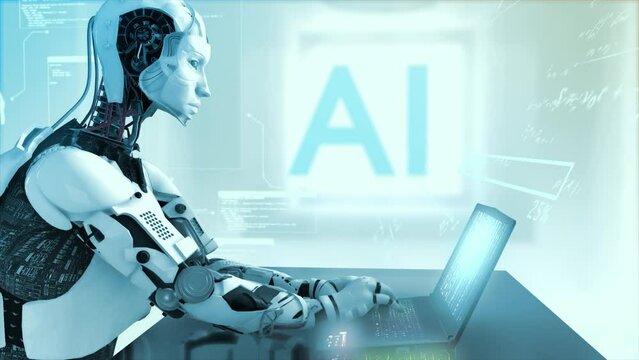 High quality 3D CGI profile shot of an Artificial Intelligence humaniod robot at a laptop computer in a virtual AI environment with data and equations floating around him - cold blue color scheme