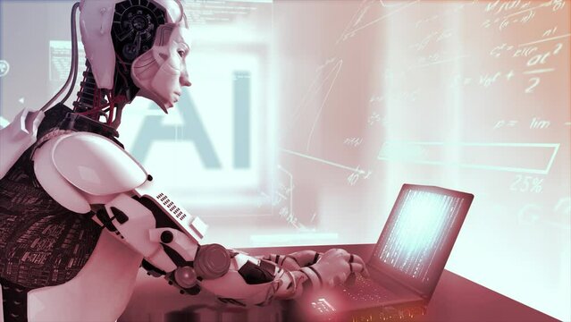 High quality 3D CGI render of an Artificial Intelligence humaniod robot at a laptop computer in a virtual AI environment with data and equations floating around him - hot red color scheme