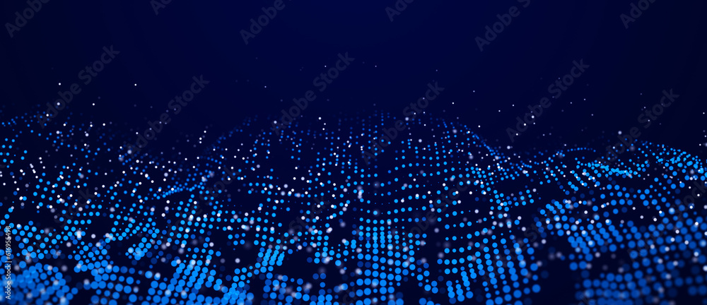 Poster Abstract blue background of points. Falling cyber particles. Big data stream. 3d rendering