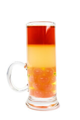 A perfect studio shot of a three ingredient red cocktail in a beer glass, garnished with red caviar for the ultimate refreshment.
