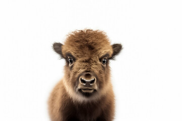 A baby bison, bathed in soft studio light, captivates with its adorable presence on a pristine white backdrop. Generative AI.