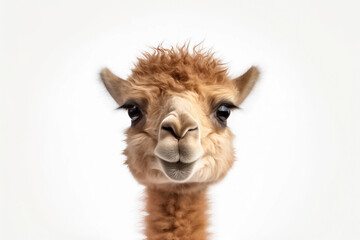 On a minimalist white background, a baby camel shines under the gentle glow of studio light, emanating pure joy. Generative AI.