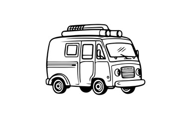 Van car doodle line art illustration with black and white style for template.