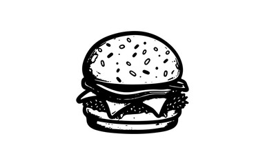 Burger doodle line art illustration with black and white style for template.