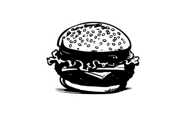 Burger doodle line art illustration with black and white style for template.