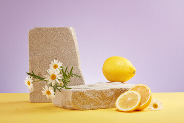 Scene for advertising cosmetic of lemon extract with space on stone podium, lemon and flower on...