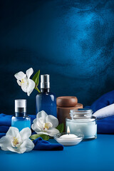 Beautiful spa composition on blue background. Natural skincare cosmetic products. AI generated