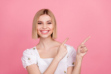 Photo of charming beauty lady advising news banner cheap dentist service checkup wear white shirt...