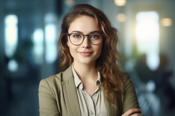 Fototapeta premium A confident, businesslike, beautiful woman in glasses, who is in the office, looks at the camera, smiles. Women's business portrait.