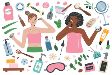 Women beauty and skin care products collection 