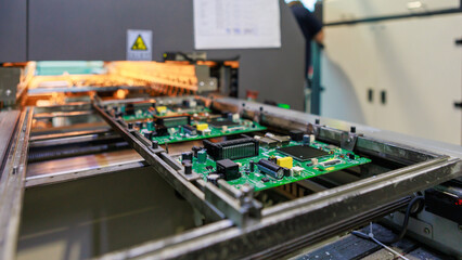 Closeup view of chip board with semiconductors.