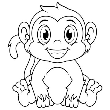 Cute baby monkey cartoon sitting line art