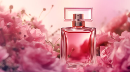 Obraz na płótnie Canvas Luxurious floral scent, fragrance bottle and pink flowers, perfume commercial in flower garden, bespoke perfumery and beauty product sale, generative ai